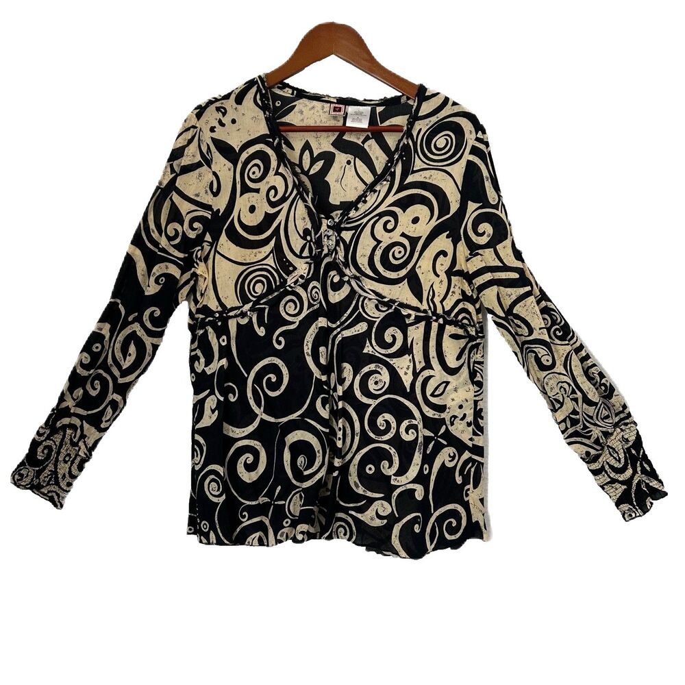 Forbidden Blouse Women L Black Tan Floral Raw Edge Cotton Empire Cottage Peasant